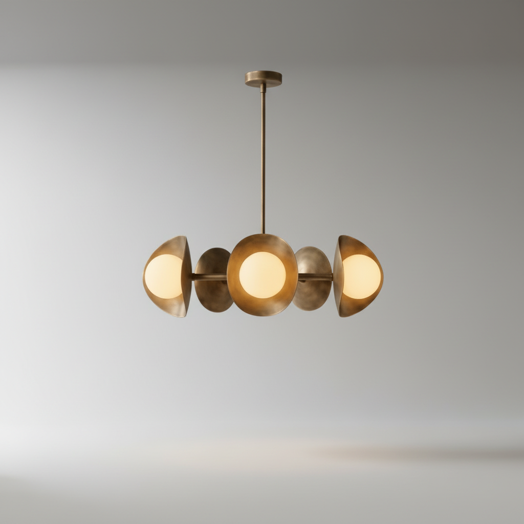 Lambrusco Chandelier symmetrical studio view with curved brass arms and glass globes