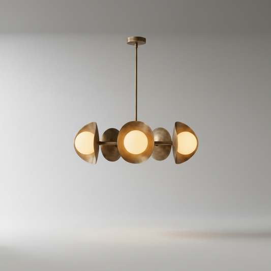 Lambrusco Chandelier symmetrical studio view with curved brass arms and glass globes