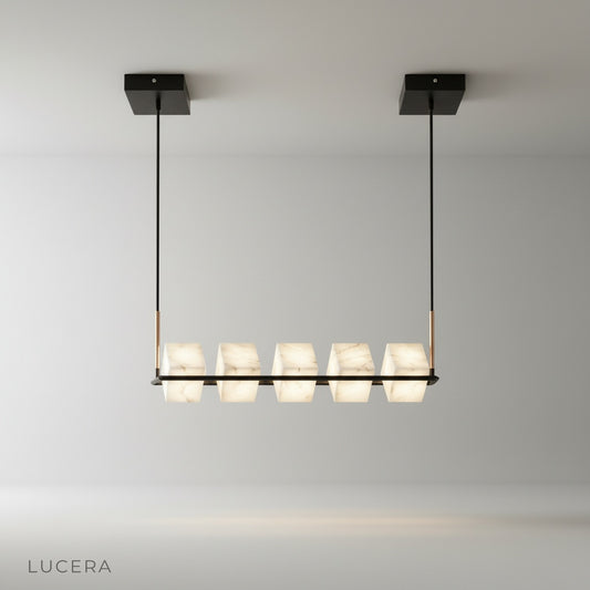Studio shot of Locket Alabaster Chandelier with natural alabaster cubes on clean white background