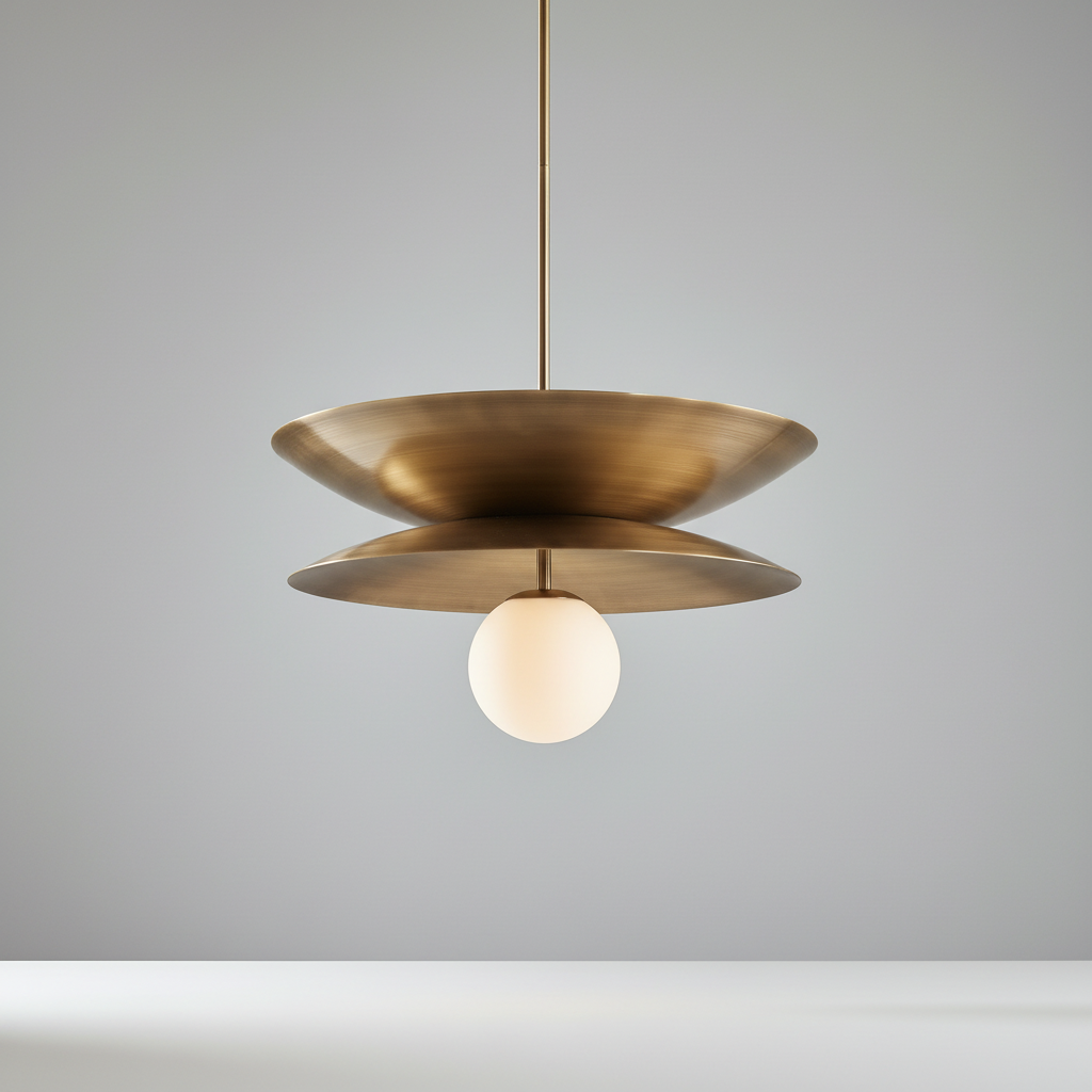 studio shot of Tremulous pendant light front view with layered brass discs and glass orb