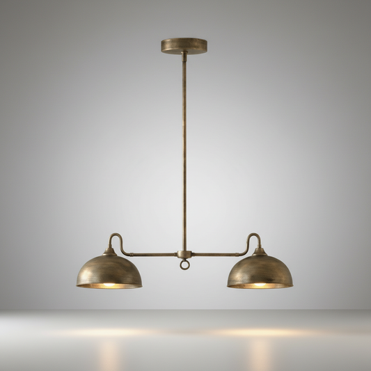 Montepulciano pendant light studio shot front view solid brass horizontal double dome on ceiling cord