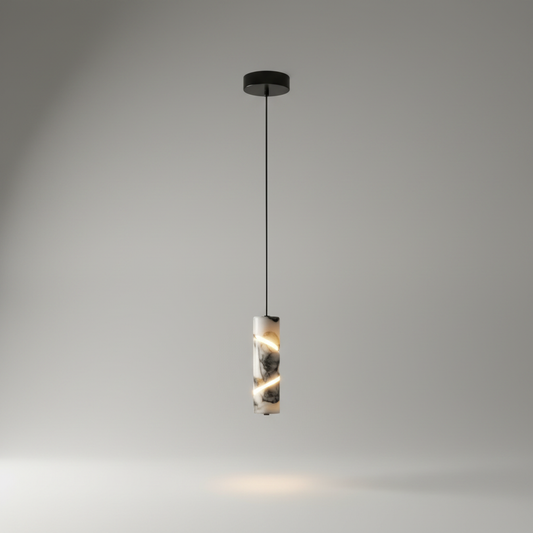 Studio shot of Lucera Zest pendant light with natural marble veining and white acrylic diffuser
