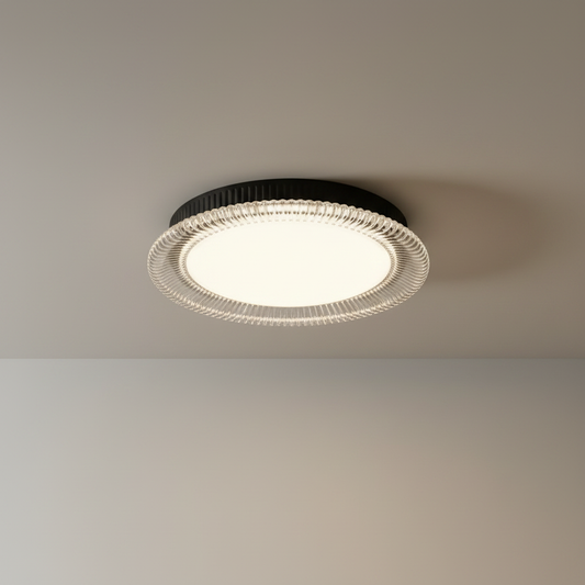 Zelo ceiling light studio shot on clean white background showing round iron and acrylic design