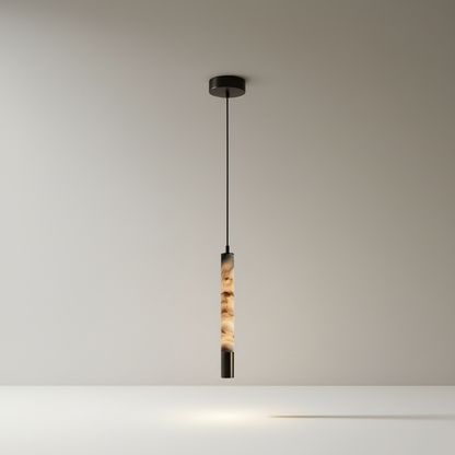 Yseult pendant light studio shot on clean white background showing cylindrical alabaster shade and steel cord