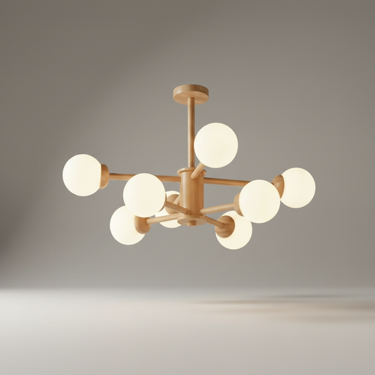 studio shot of Giocoso chandelier with five arms and clear geometric lines on white background
