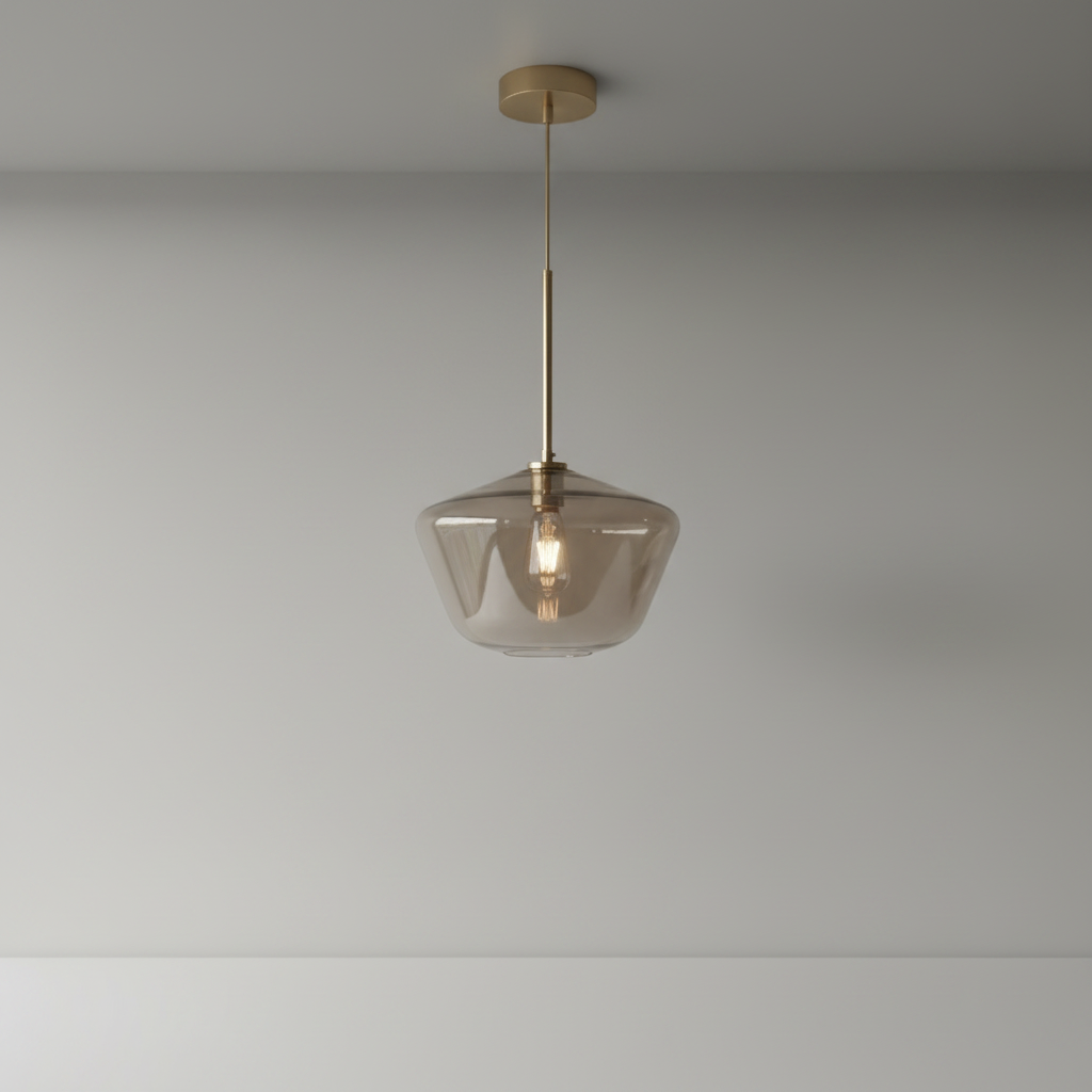 studio shot of Sake pendant light with brass rods and smoked glass globes