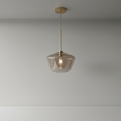 studio shot of Sake pendant light with brass rods and smoked glass globes
