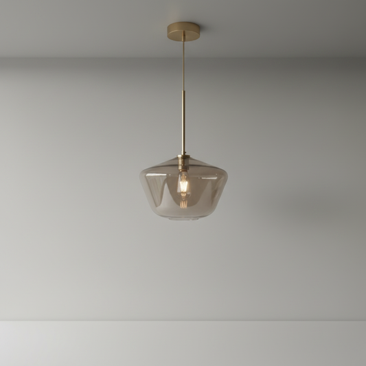 studio shot of Sake pendant light with brass rods and smoked glass globes
