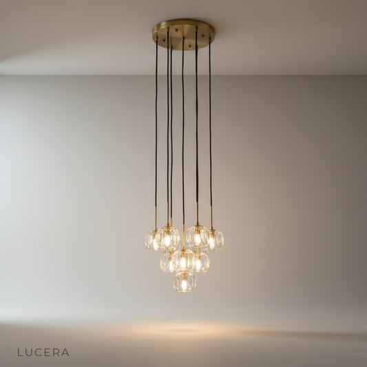 Vermouth Round Cluster Chandelier studio shot on white background showing staggered crystal glass balls