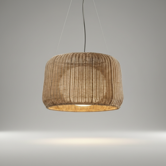 Zealous pendant light studio shot on clean beige background showing full rattan weave detail