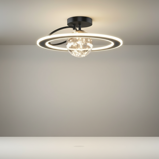 Gadroon ceiling light studio shot front view with iron frame and central glass orb