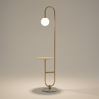 Studio shot of the Chrysoprase LED floor lamp with round table, front view on a clean white background