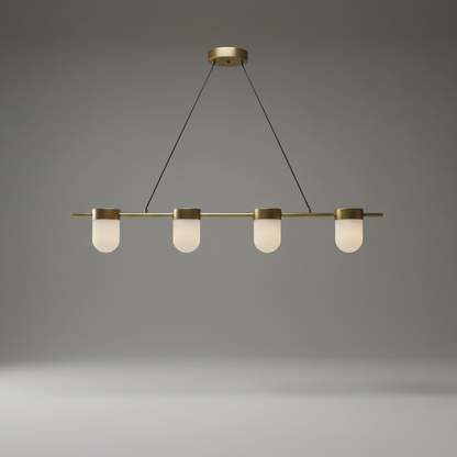 Studio shot of 5-light linear chandelier with alabaster shades on clean white background