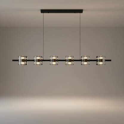 Studio shot of Harlequin rectangular chandelier with clear glass clusters on black frame