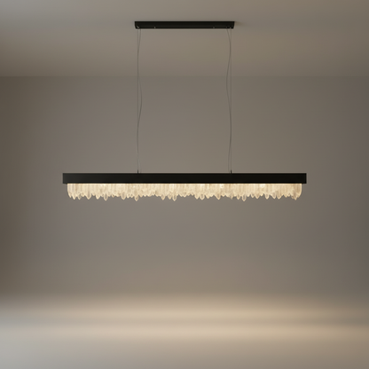 studio shot of stainless steel chandelier with clear rectangular crystal bars on white background