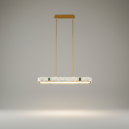 studio shot of Frej linear copper and clear crystal chandelier with LED bar, front view on white background