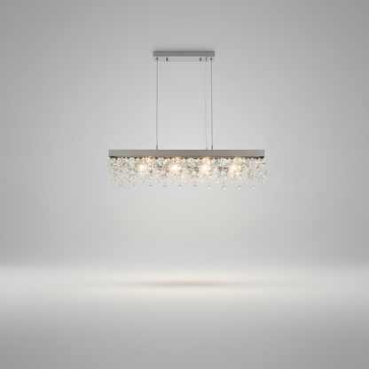 studio shot of Hlin chrome rectangular crystal LED chandelier front view on clean white background