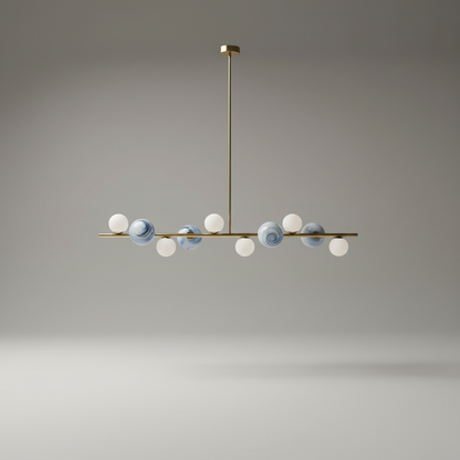 Studio shot of Ran Linear Chandelier with frosted glass shades and copper accents on white background