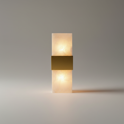 copper and marble postmodern wall lamp glowing in elegant living room
