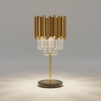 studio shot of Fantasia gold lamp with clear crystal accents and marble base