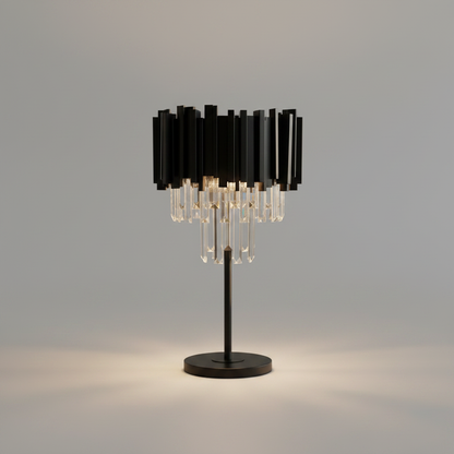 studio shot of dimmable black crystal table lamp with clear crystal accents on neutral background
