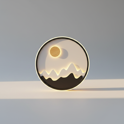 minimalist circular aluminum wall sconce with acrylic diffuser on neutral studio backdrop