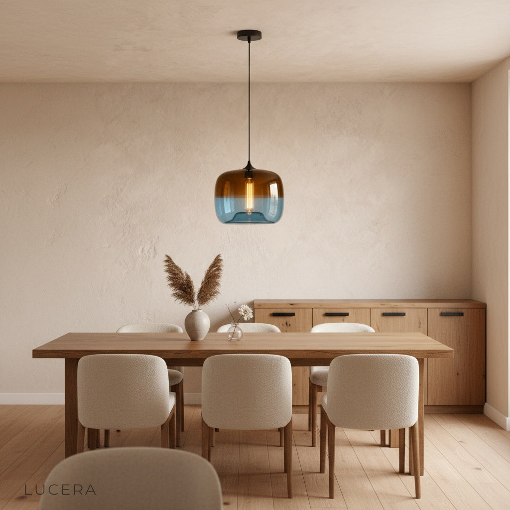 Minerva pendant light in blue and green variants side by side in studio