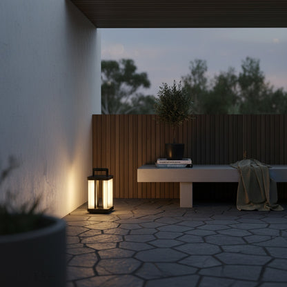rainy night scene with the Unction lamp reflecting light on a wet concrete path