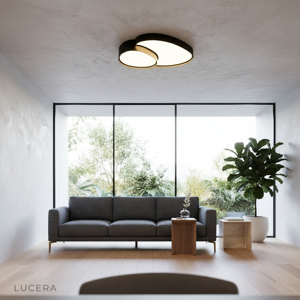 Yielding ceiling light over a bedside table in a serene minimalist bedroom at night