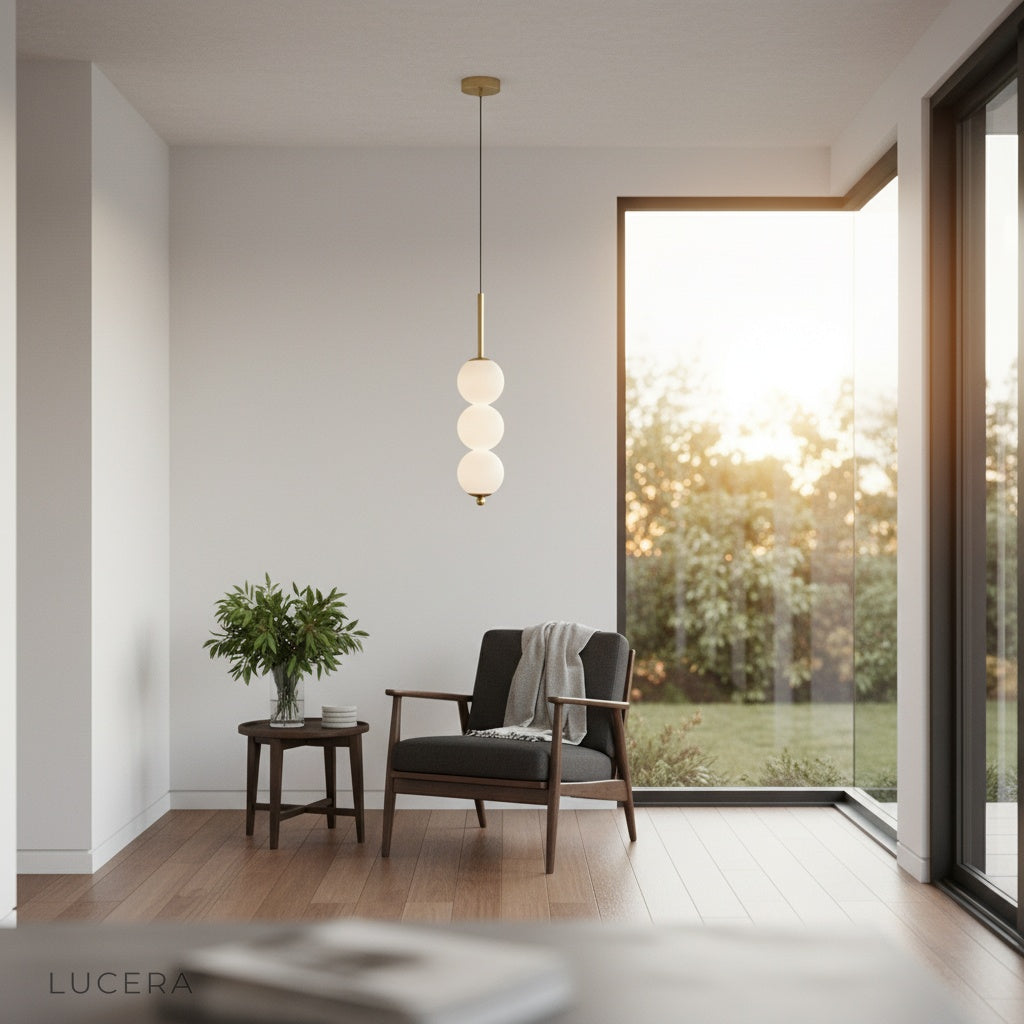 Meridian Pendant Light three-head version hanging in bright entryway with natural light