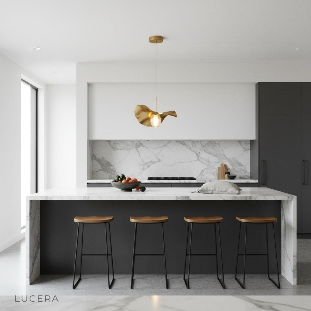 Titanium pendant light at dusk casting gentle shadows in contemporary bedroom