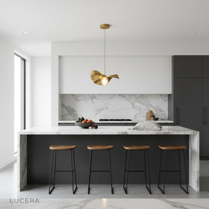 Titanium pendant light at dusk casting gentle shadows in contemporary bedroom