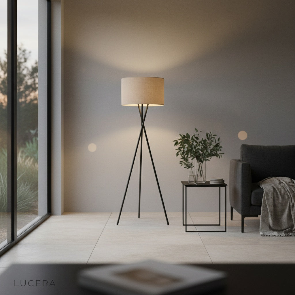 Venus Floor Lamp with fabric shade glowing softly in a dark stylish room
