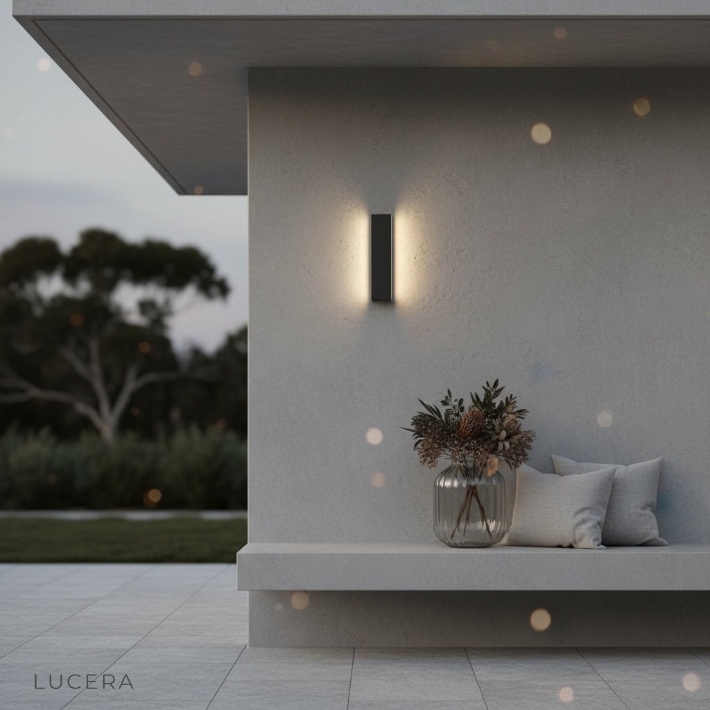 Nighttime shot of Krems LED wall light glowing against dark brick exterior