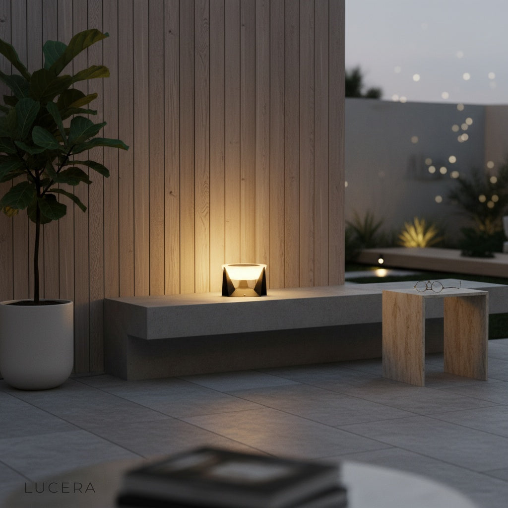 nighttime lifestyle shot of Wilhelmina lamp casting warm light on a stone garden path