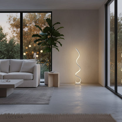 Sculptural Pulse Floor Lamp ambient glow casting artistic shadows in bedroom at dusk