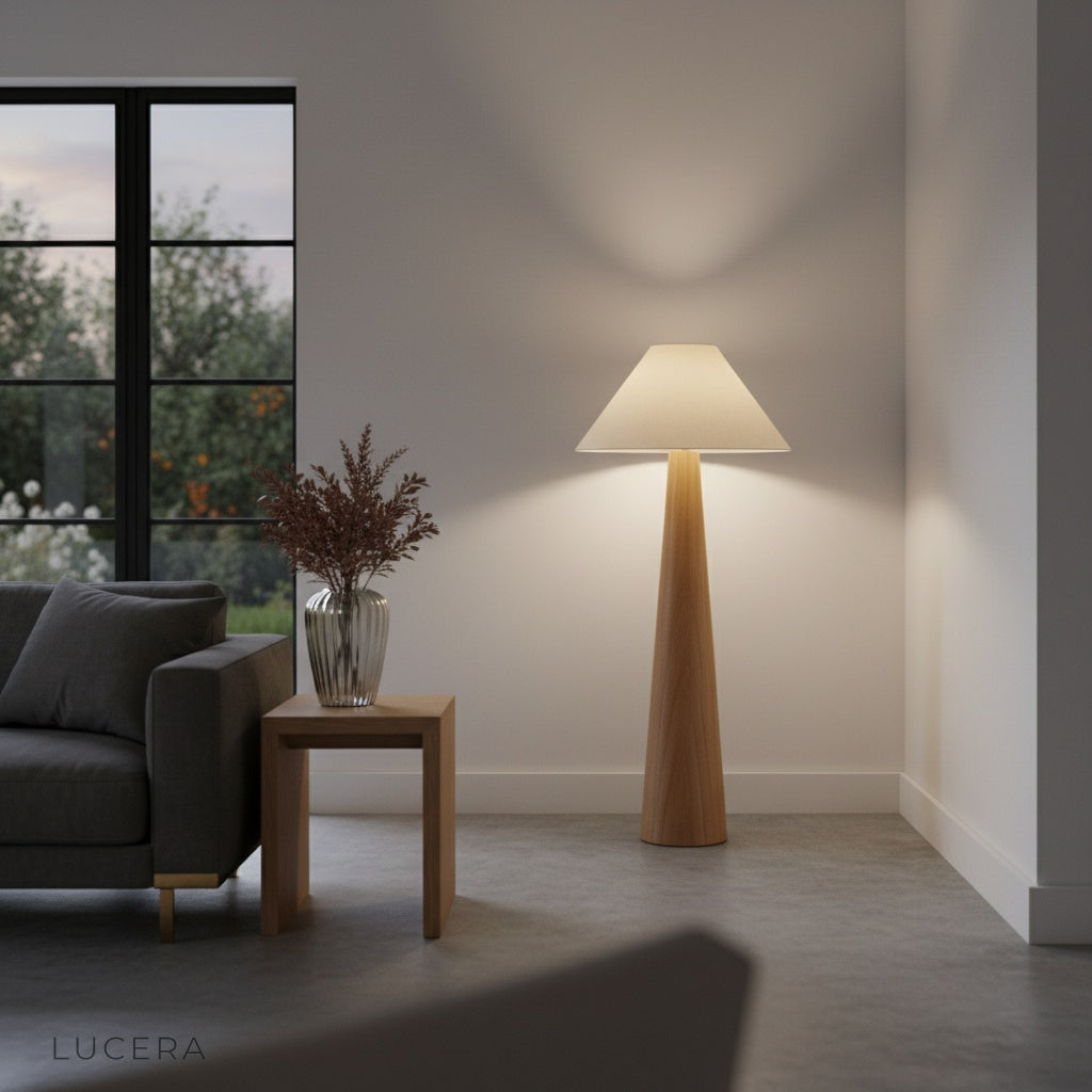 artistic view of Lucera floor lamp with unique shaped shade against dark wall
