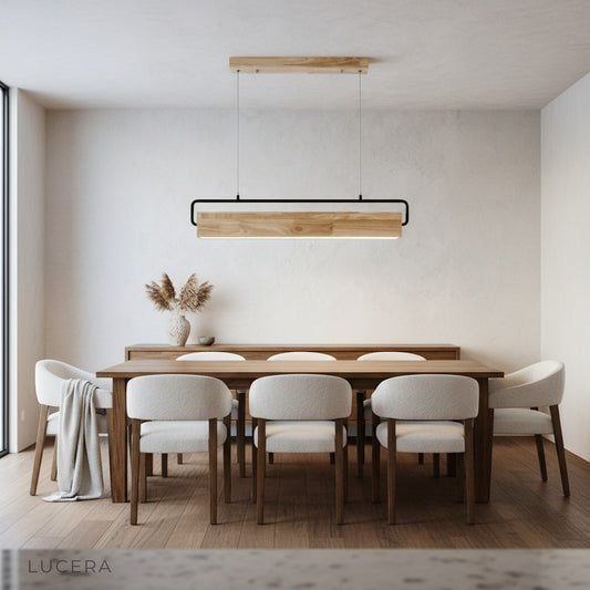 Studio shot of Bravura pendant light showing rectangular wood frame and black adjustable cables