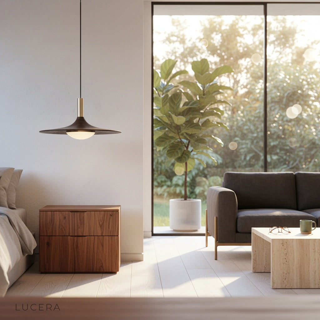 Juju pendant light illuminated at dusk in a stylish living room with warm accent decor