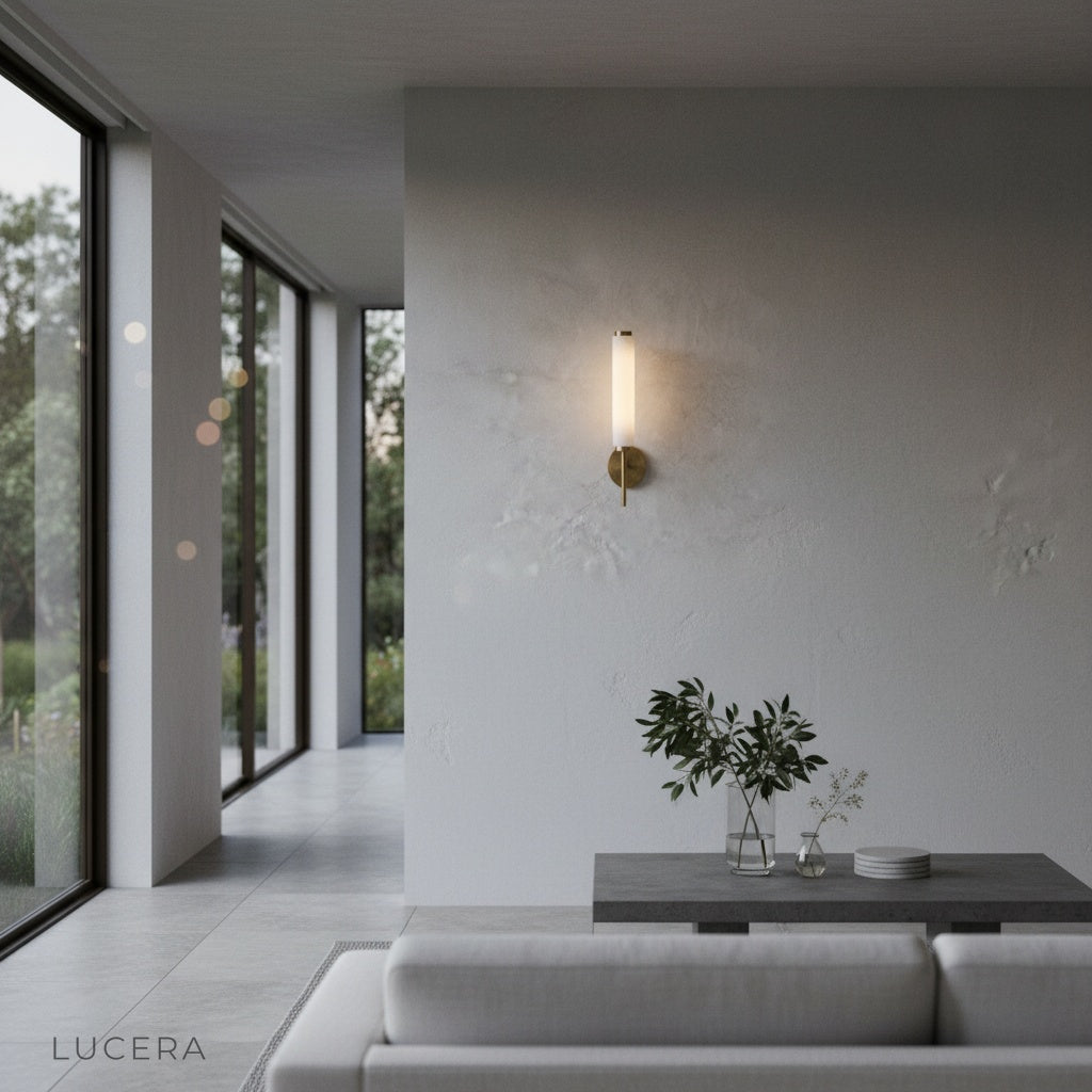 Boreas wall lamp paired with warm wood paneling and linen curtains in serene interior