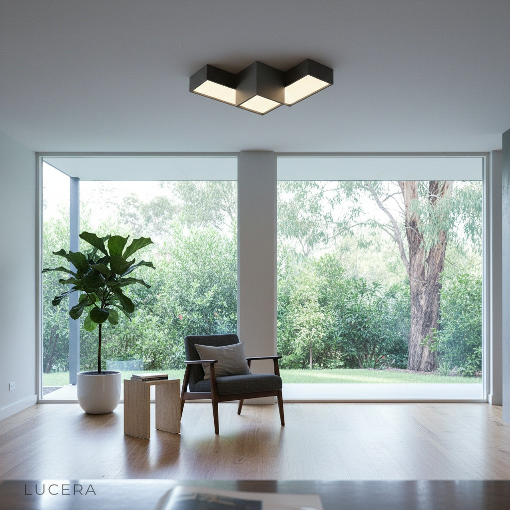 Bone Black Ceiling Light above glass coffee table in urban apartment