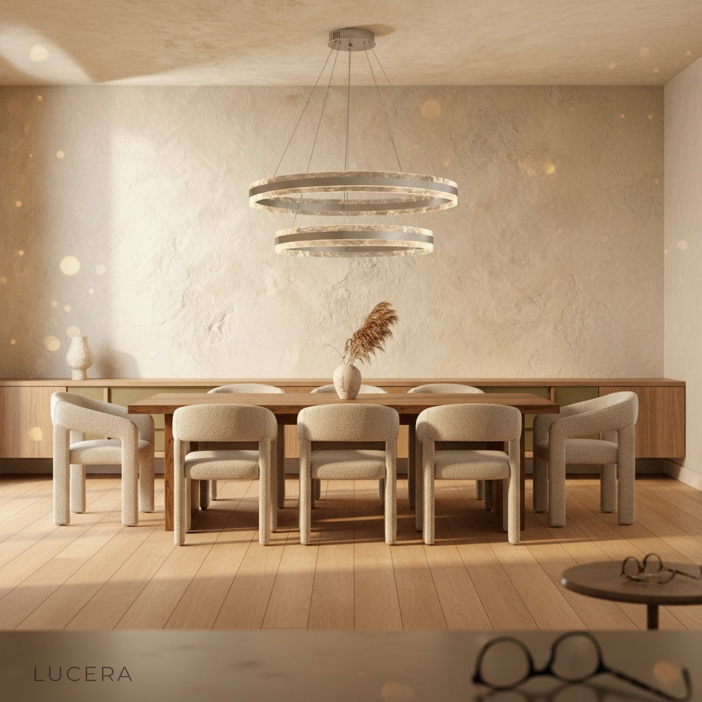 Bacchus Round Chandelier hanging above a marble island in a contemporary kitchen