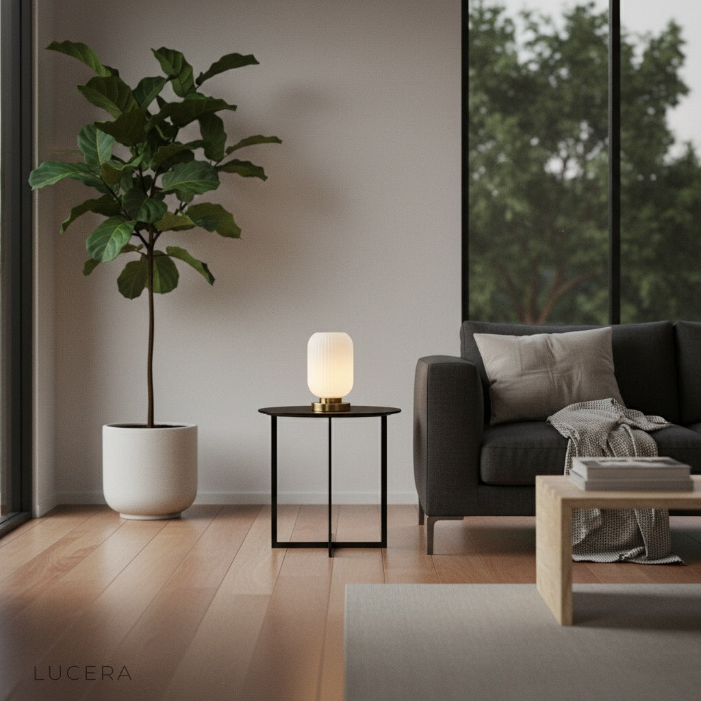 eclat table lamp on dining sideboard with candles and dried flowers