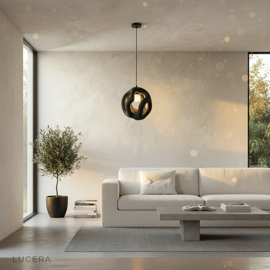 flame pendant light in bedroom with warm bedside lighting and textured wall backdrop