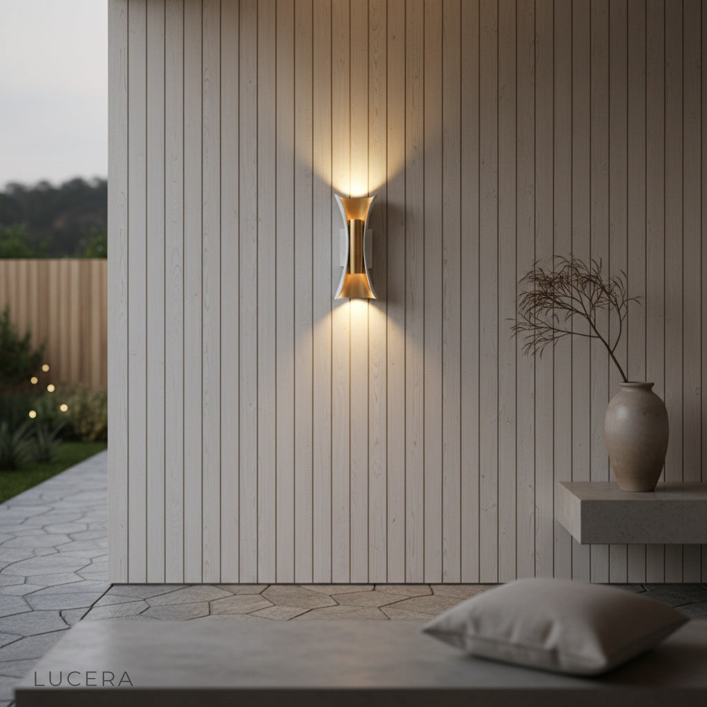 energy-efficient LED wall lamp casting ambient light on a dark evening