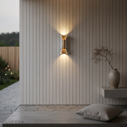 energy-efficient LED wall lamp casting ambient light on a dark evening