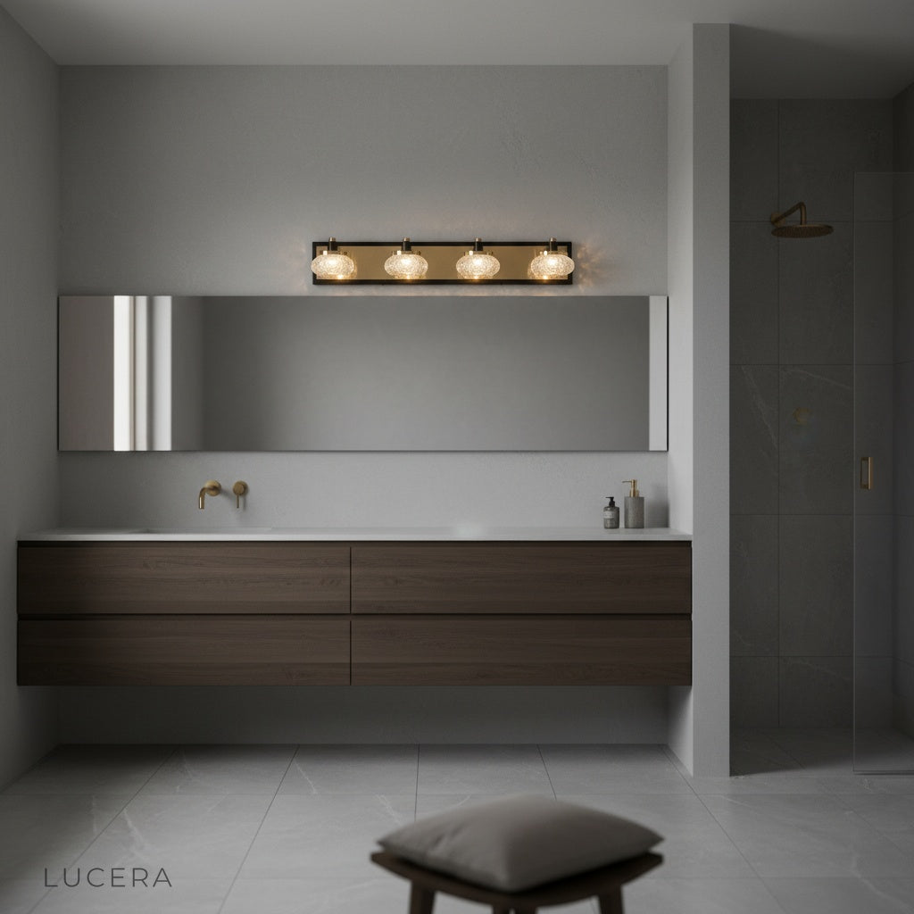 close-up of crystal-textured glass shade on Lucera wall lamp with warm light