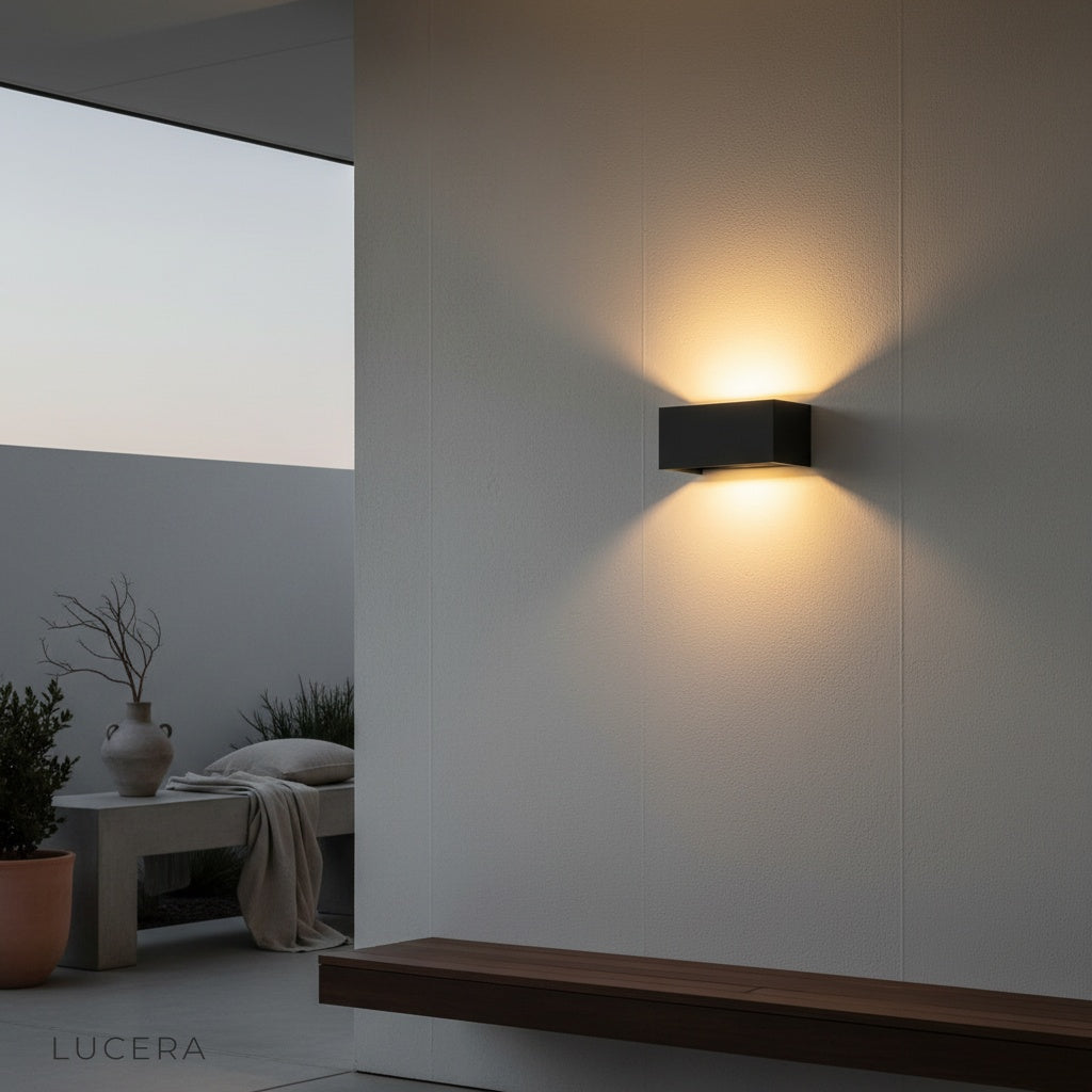 dowel wall lamp casting warm light upward and downward on wooden deck railing