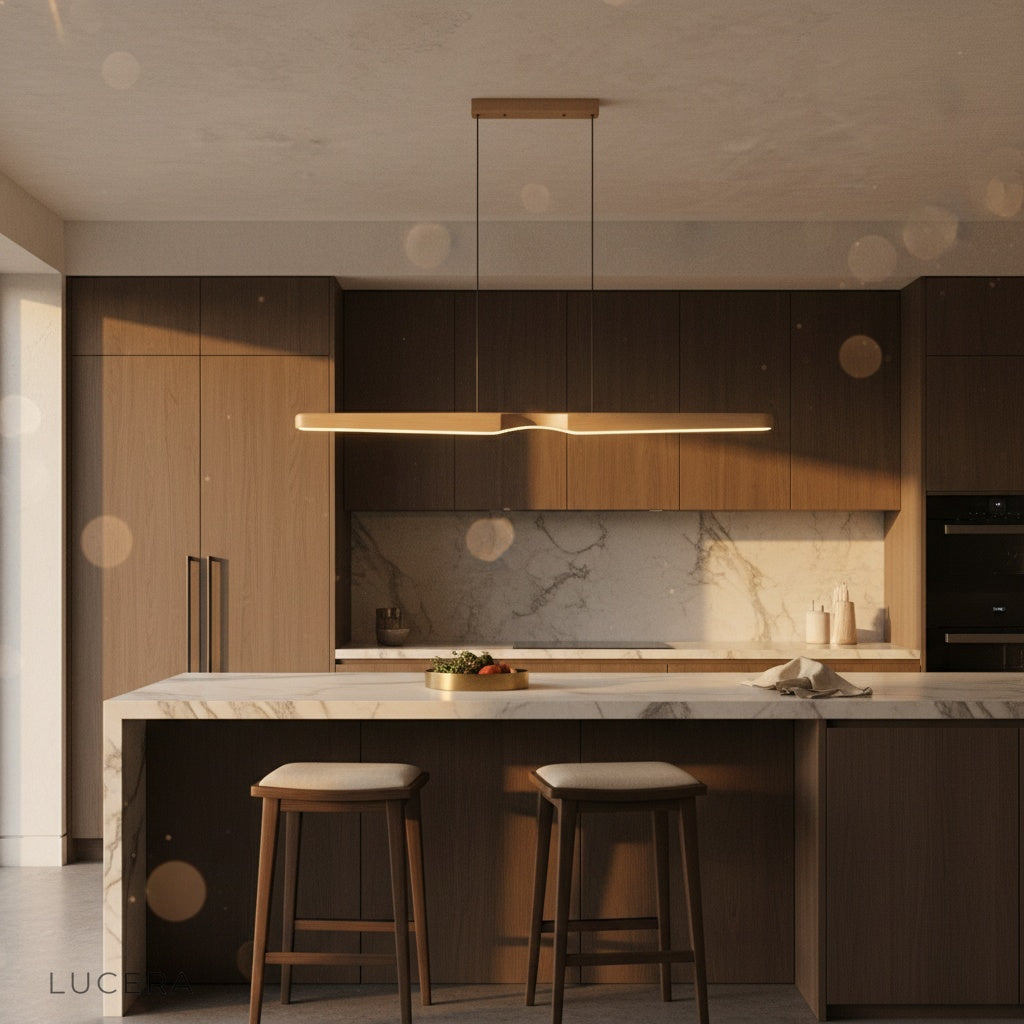 Ember wood pendant light hanging in a hallway with exposed brick and industrial decor accents