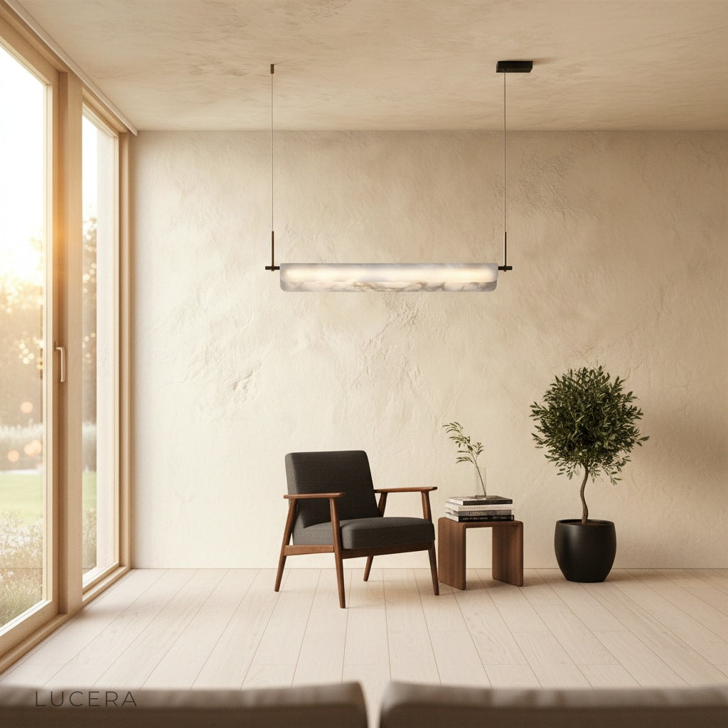Parlor alabaster pendant light in a dimly lit hallway casting soft shadows